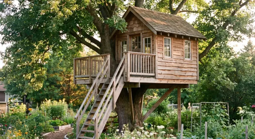 Ein wunderschönes Baumhaus, das zum baumhaus selber bauen inspiriert. Umgeben von einem blühenden Garten und alten Bäumen.