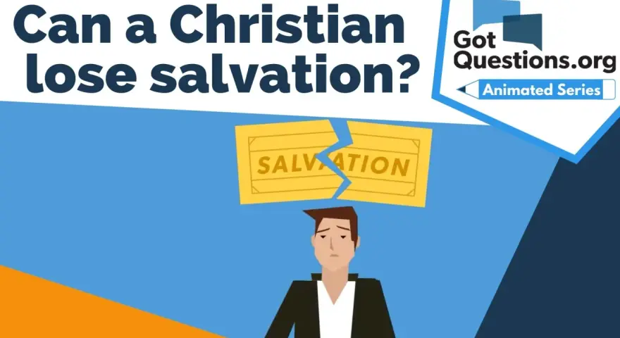A sad man looks up at a broken "Salvation" sign, questioning if a Christian can lose their salvation. GotQuestions.org Animated Series.