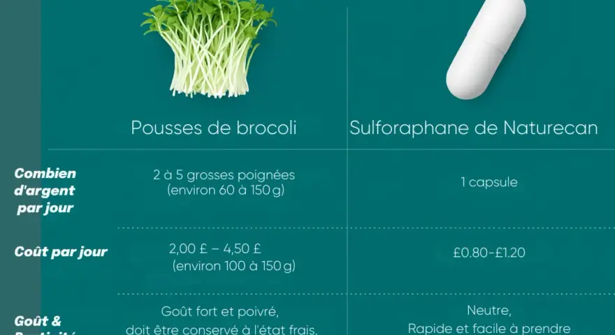 Pousses de brocoli et capsule de sulforaphane. Découvrez les graines germées brocoli bienfaits, coût et praticité comparés.