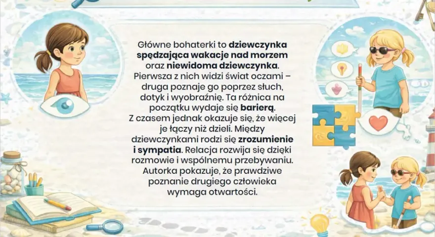 Dwie bohaterki, dziewczynki spędzające wakacje, uczą się rozumieć i akceptować różnice, budując przyjaźń.