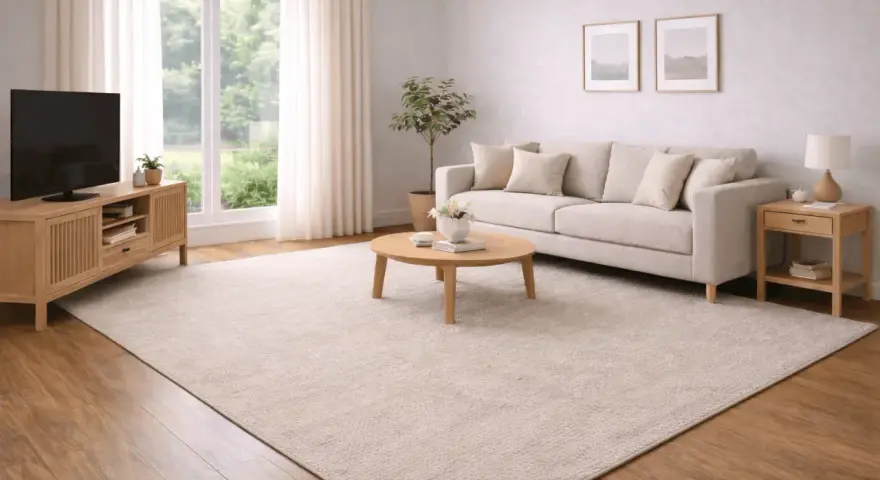 Ett ljust och luftigt beige vardagsrum med en stor soffa, soffbord och TV-bänk. En stor, mjuk matta täcker golvet.