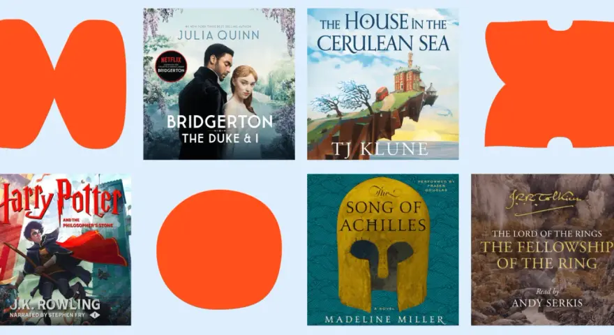 Kolekcja audiobooków po angielsku: "Bridgerton", "Harry Potter", "The House in the Cerulean Sea", "The Song of Achilles", "The Fellowship of the Ring".