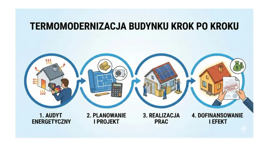 Proces termomodernizacji budynku: audyt, planowanie, realizacja prac, dofinansowanie i efekt.