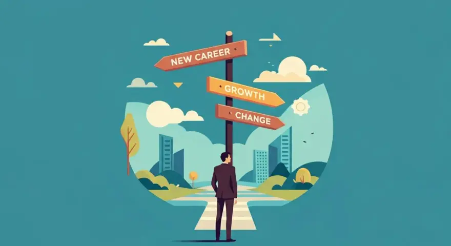 Mężczyzna stoi przed drogowskazem z napisami "New Career", "Growth", "Change". Symbolizuje to moment decyzji o przekwalifikowaniu zawodowym.