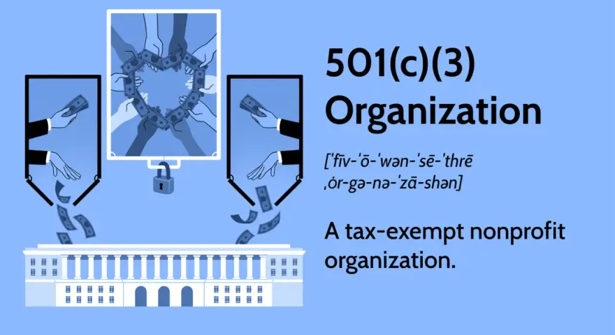 Hands form a heart with money, symbolizing a 501c3 organization's mission. A lock hangs below, suggesting accountability.