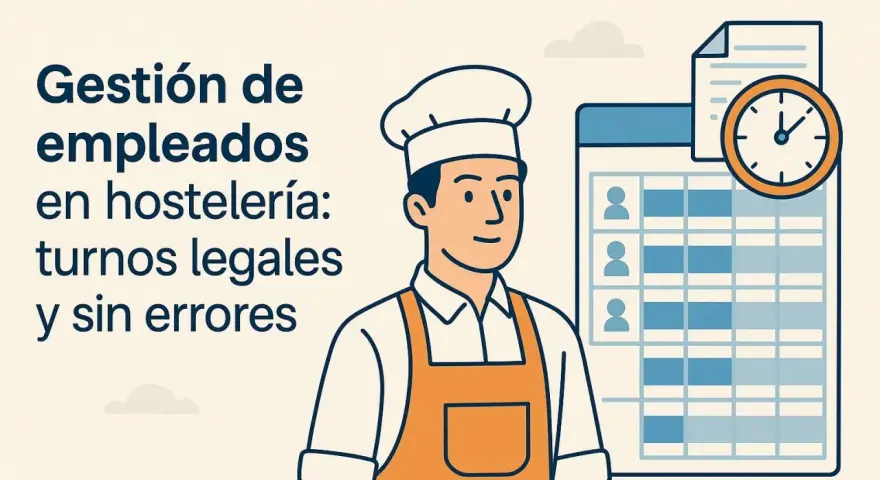 Chef sonriente junto a un horario de turnos y un reloj. Gestión de empleados en hostelería: turnos legales y sin errores.