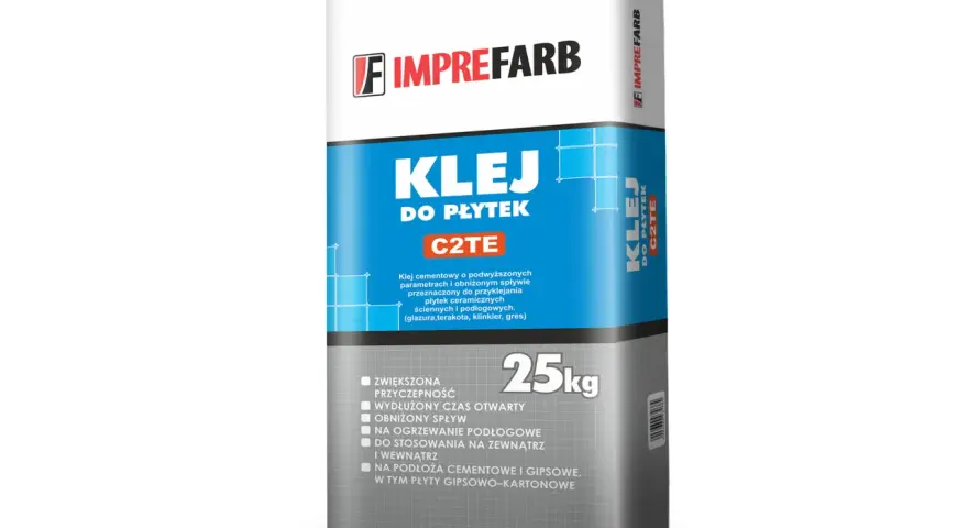 Imprefarb Klej do płytek C2TE 25kg – idealny do płytek ceramicznych, na ogrzewanie podłogowe, wewnątrz i na zewnątrz.