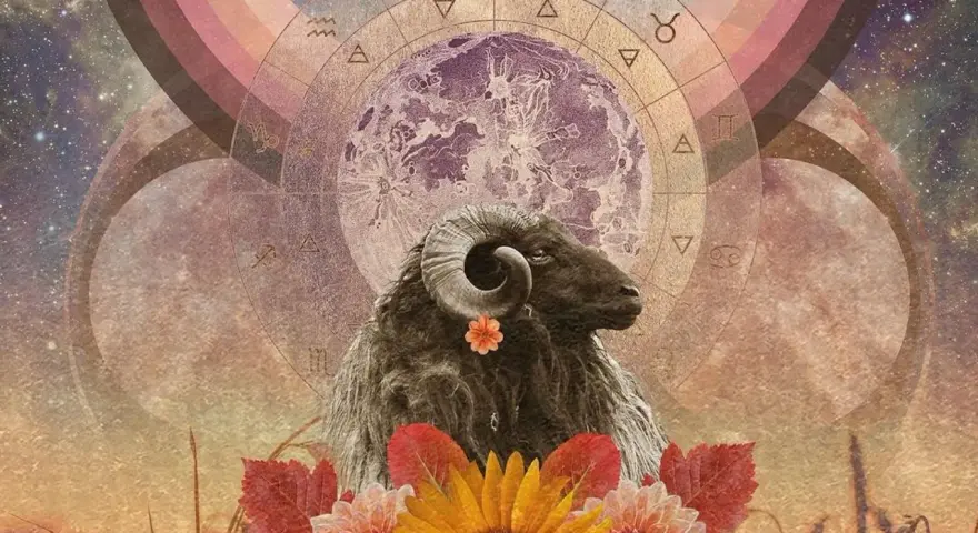Baran z rogami, ozdobiony kwiatkiem, pod znakiem zodiaku i księżycem. Mars w Baranie symbolizuje energię i odwagę.
