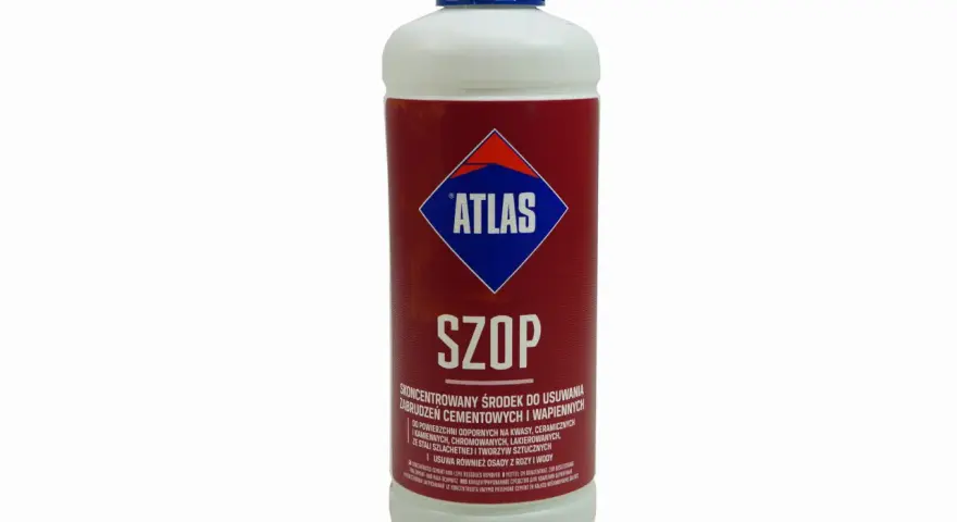 Butelka środka czyszczącego Atlas Szop. Skoncentrowany preparat do usuwania zabrudzeń cementowych i wapiennych.