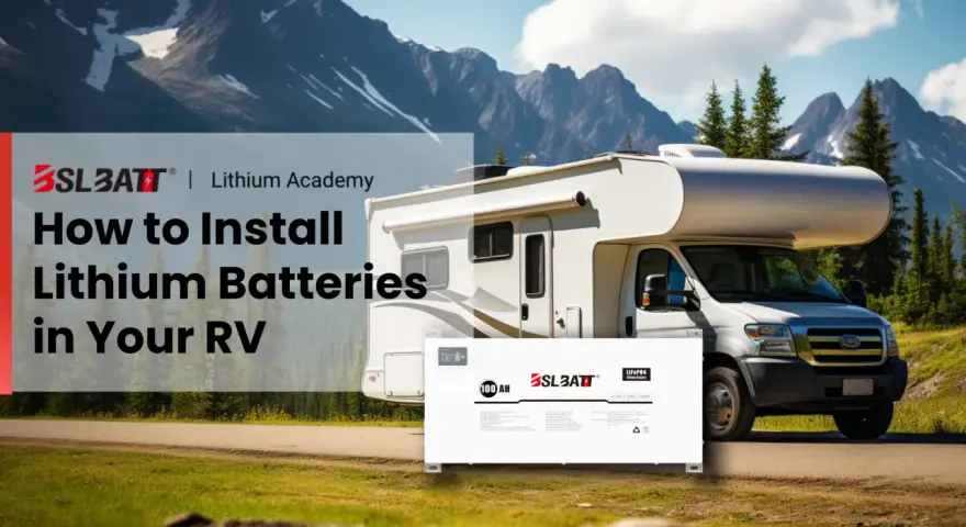 En husbil står parkerad i bergig natur. Framför husbilen syns ett bms batteri, redo för installation.