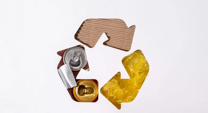 Symbol recyklingu z puszkami i folią. Uproszczona ewidencja odpadów w praktyce.