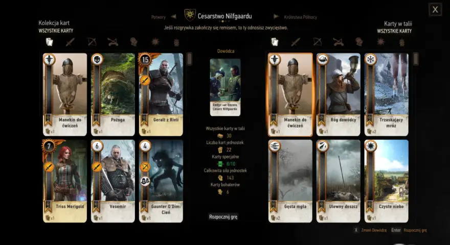Kolekcja kart Wiedźmin 3: Pełna kolekcja kart Nilfgaardu. Widoczne karty: Geralt, Triss, Vesemir, Pożoga, Manekin do ćwiczeń, Gęsta mgła.