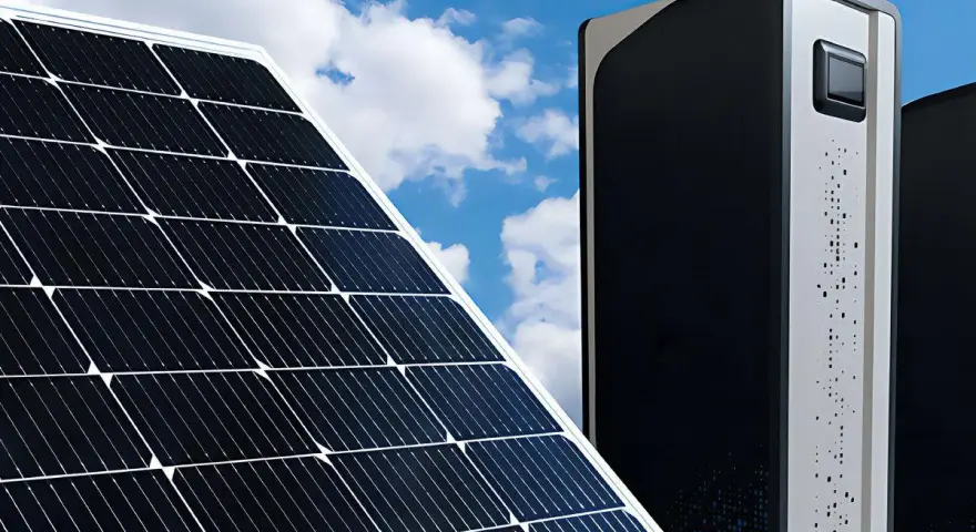 Panele słoneczne i nowoczesne jednostki do magazynowania energii elektrycznej pod błękitnym niebem.
