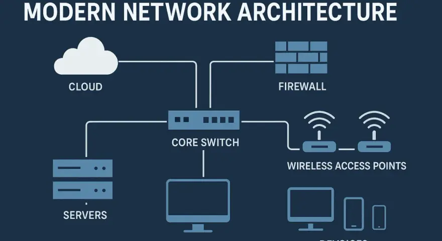 Diagram of modern network infrastructures: cloud, servers, core switch, firewall, wireless access points, and devices.