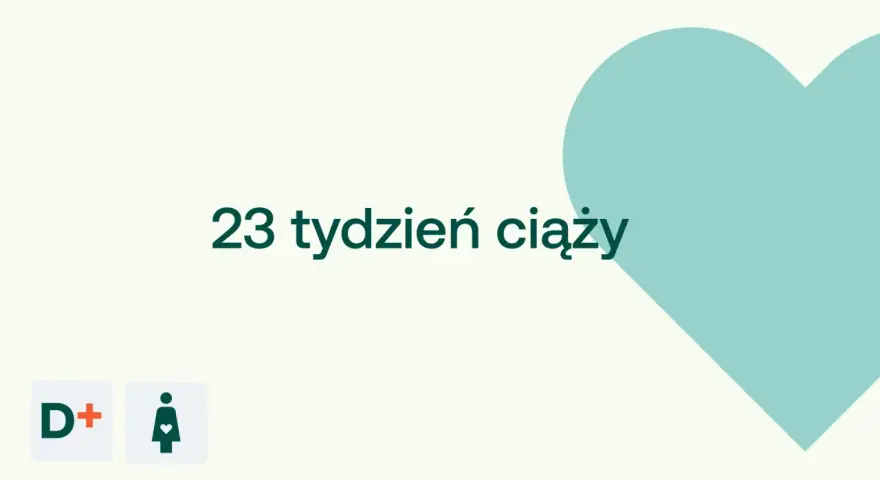 23 tydzień ciąży. D+ ikona kobiety w ciąży na jasnym tle z turkusowym sercem.