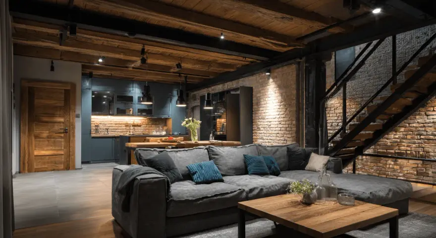 Un salon cosy avec un grand canapé gris, une cuisine moderne et un escalier industriel. Idéal pour aménager un souplex avec style.