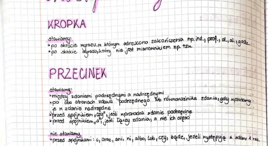 Interpunkcja: KROPKA stawiamy po skróceniu wyrazu, np. prof. PRZECINEK stawiamy między zdaniami podrzędnymi, gdy łączą je spójniki.
