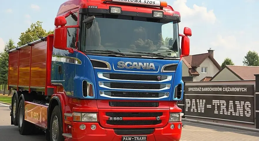 Czerwono-niebieska wywrotka do zboża Scania R560 z napisem "Królowa Szos" gotowa do pracy.