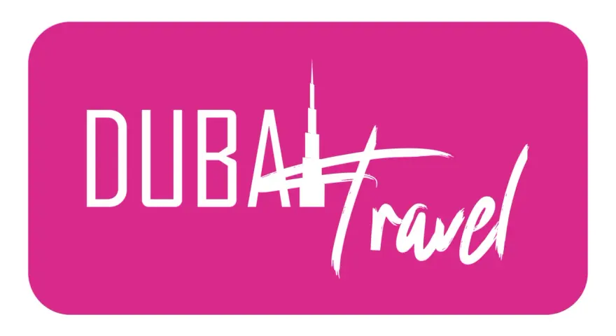 Logo z napisem "DUBAI Travel" i sylwetką Burdż Chalify. Planujesz podróż do Zjednoczonych Emiratów Arabskich? Wiza do Dubaju czeka!