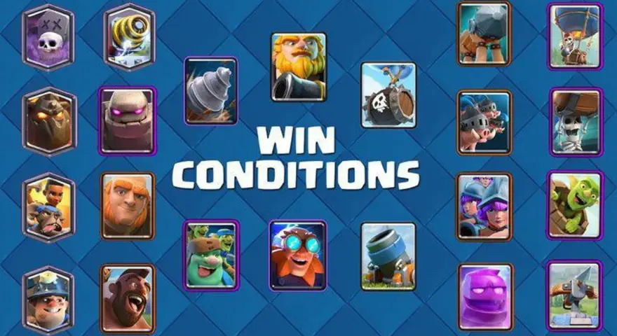 Cartas de Clash Royale, mostrando las "Win Conditions" (condiciones de victoria) para aplicar trucos y ganar.
