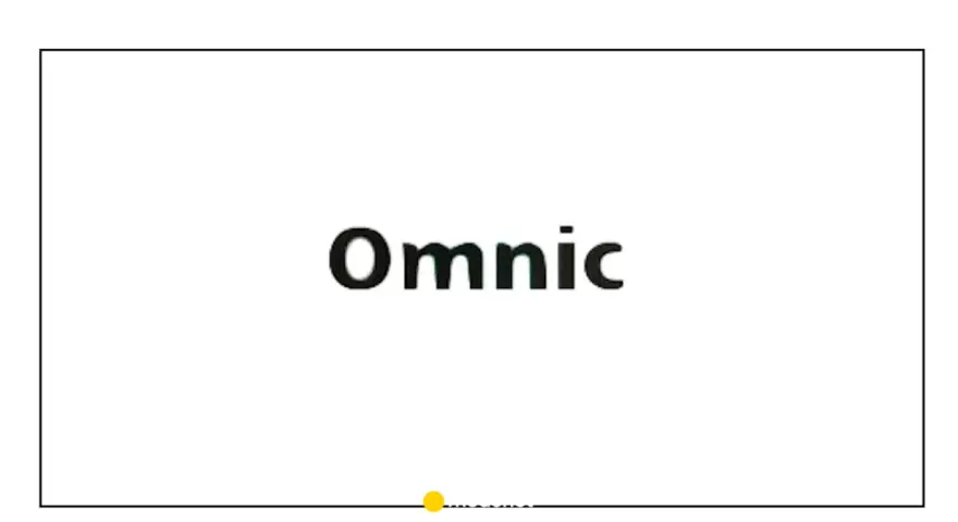Czarny napis "Omnic" na białym tle. Pod napisem mała żółta kropka i przerywana linia, jakby to był omnic ocas.