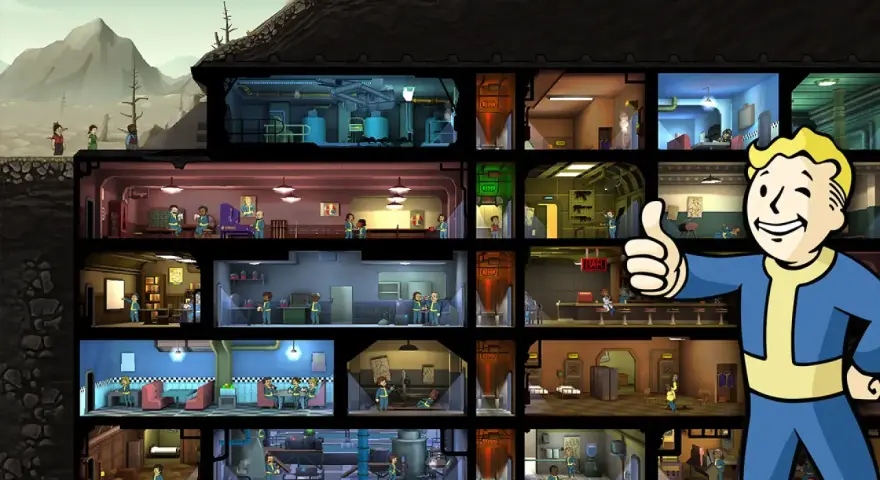 Vault Boy da pulgar arriba sobre un refugio subterráneo lleno de gente, con habitaciones y actividades. ¡Descubre los mejores fallout shelter trucos!