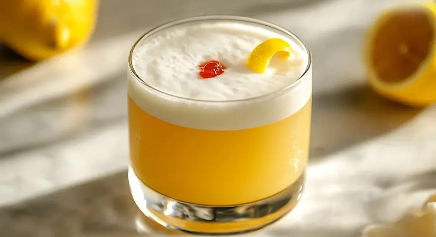 Orzeźwiający Whisky Sour i Amaretto Sour z pianką, cytrynową skórką i wisienką.