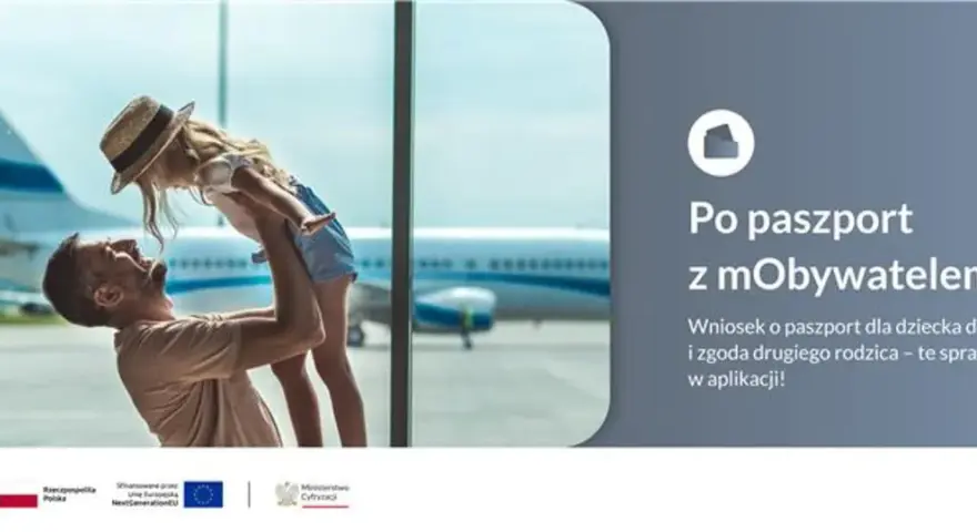 Ojciec podrzuca córkę na lotnisku. Wniosek o paszport tymczasowy dla dziecka do 12 lat załatwisz w aplikacji mObywatel.