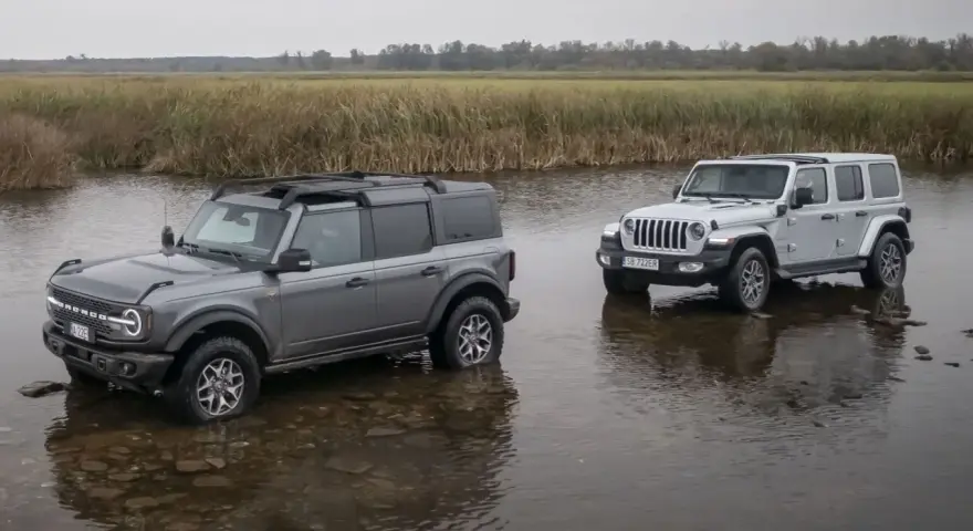 Szary Ford Bronco i biały Jeep SUV stoją w płytkiej wodzie, gotowe na przygodę.