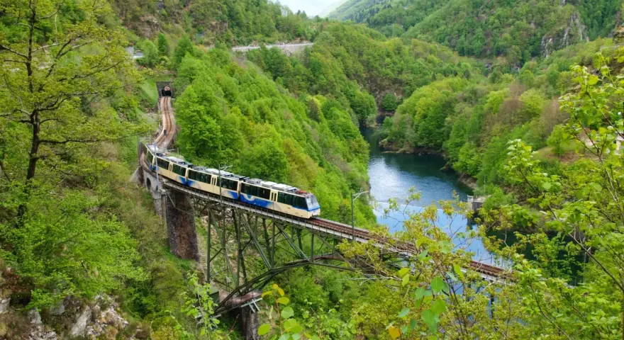A train travels across a bridge over a river, surrounded by lush green mountains. This scenic route is part of the journey from Amsterdam to Zurich.