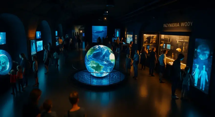 Wrocławskie muzeum wody: zwiedzający oglądają wielką kulę ziemską i ekspozycje o inżynierii wody.