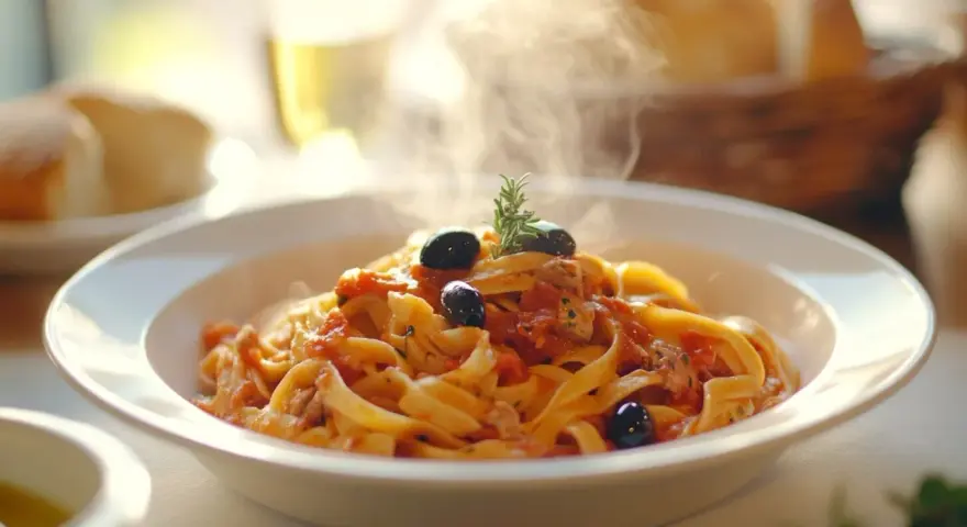 Un plato humeante de pasta con salsa de tomate, aceitunas negras y romero. ¡Perfecto para tus recetas de pasta!