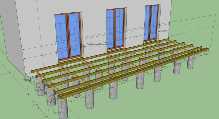 Projekt tarasu z widocznymi legarami i słupkami fundamentowymi. Wymiary konstrukcji podane w metrach.