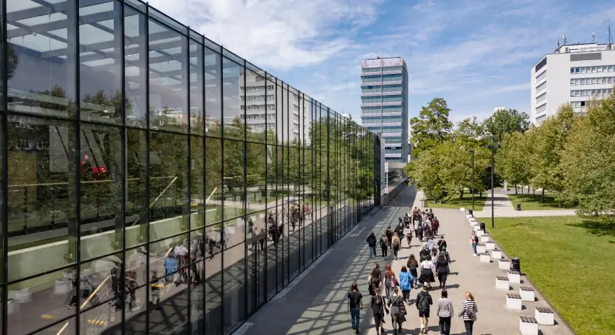 Studenci idący nowoczesnym kampusowym chodnikiem, gdzie odbywają się studia artystyczne Wrocław.