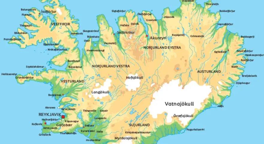 Mapa Islandii z zaznaczonymi miastami jak Reykjavík. Czy na Islandię trzeba mieć paszport? Tak, dla większości podróżnych.