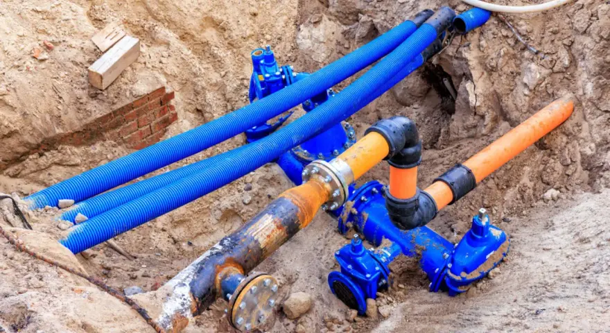 Instalacja gazowa w wykopie. Widoczne niebieskie rury osłonowe, pomarańczowe rury gazowe i niebieskie zawory. Koszt instalacji gazowej zależy od wielu czynników.