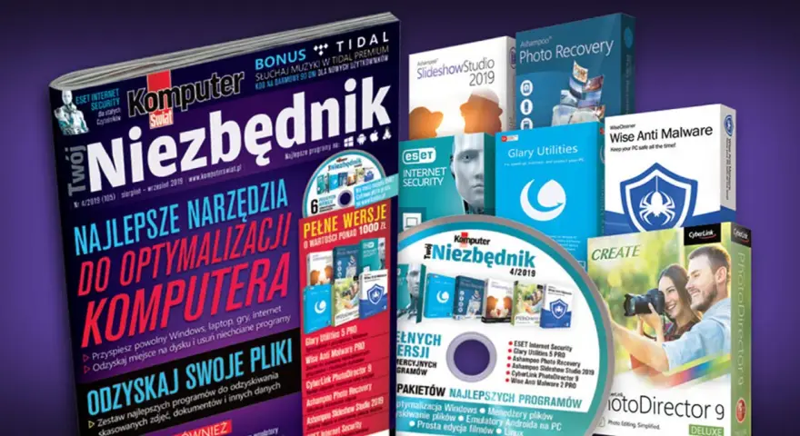 Magazyn "Komputer Niezbędnik" z płytą CD i pudełkami programów komputerowych.