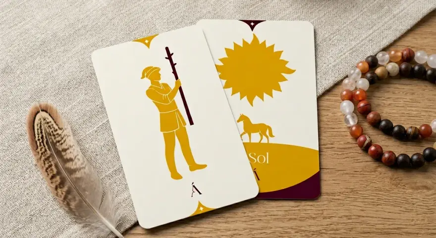 Dos cartas de tarot, una con un hombre con bastón (sota de bastos invertida) y otra con el Sol y un caballo.