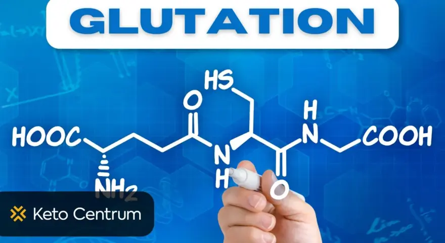Struktura chemiczna glutationu na niebieskim tle z napisem "Glutation" i ręką piszącą wzór.