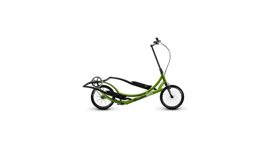 A green elliptical bike with the brand name "ELLIPTIGO" visible. It has two wheels and foot pedals.