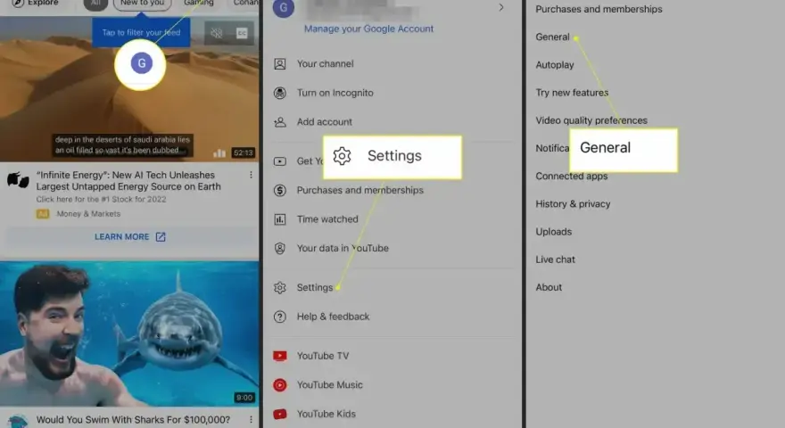 Jak zablokować YouTube na telewizorze? Kliknij ikonę profilu, wybierz Ustawienia, a następnie Ogólne.