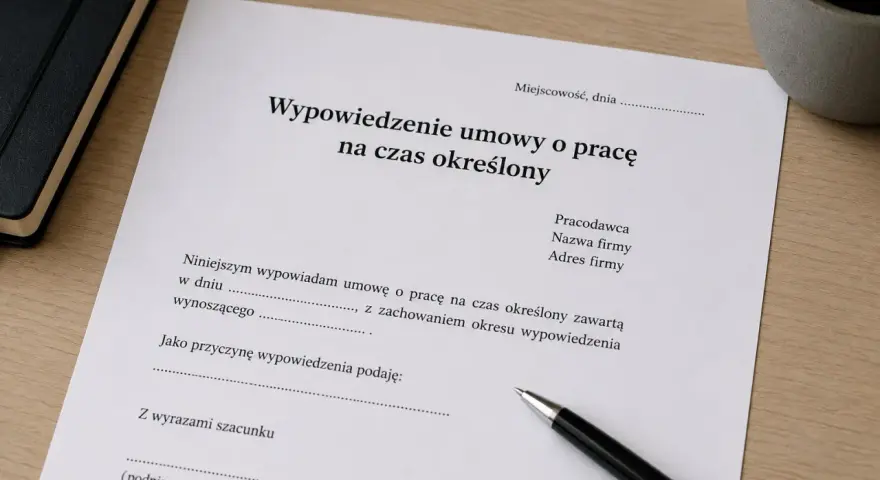 Dokument "Wypowiedzenie umowy o pracę na czas określony" leży na biurku obok długopisu.