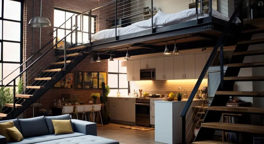 Luminoso loft con soppalco altezza 3 metri, letto, cucina moderna, divano blu e scale in metallo.