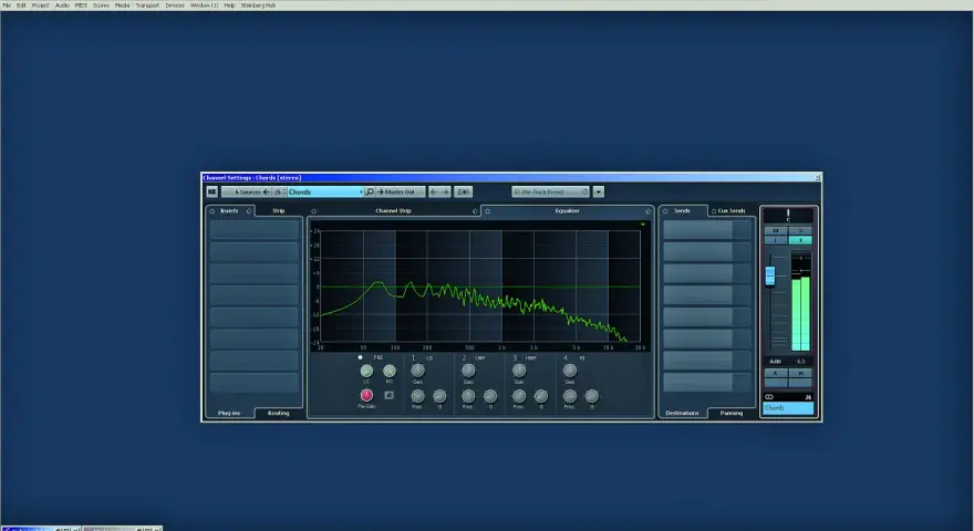 Ekran programu Cubase z panelem ustawień kanału "Chords". Widoczny jest korektor graficzny i suwaki głośności, co sugeruje proces **mixing music**.