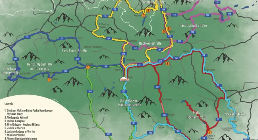 Trasa widokowa przez Alpy, z zaznaczonymi drogami i atrakcjami. Pogoda w górach bywa zmienna, warto sprawdzić prognozę.