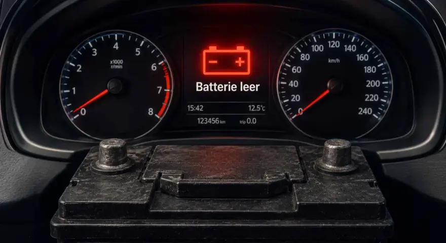 Armaturenbrett mit rotem Batteriesymbol und der Meldung "Batterie leer". Die Tachometeranzeige zeigt 0 km/h.