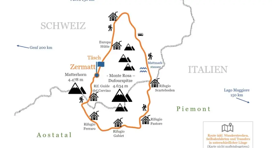 Karte der Tour Monte Rosa: Zermatt, Matterhorn, Monte Rosa, Rifugi in Italien und Schweiz. Wanderroute mit Hütten und Gipfeln.