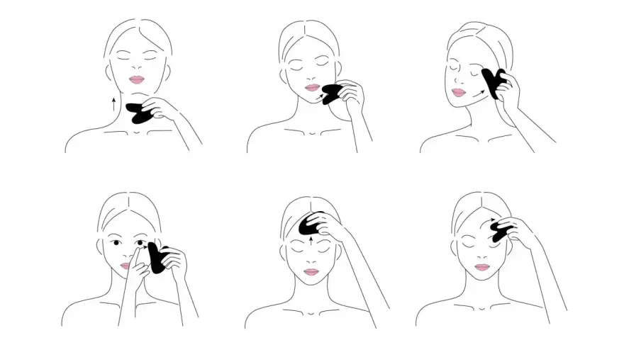 Ilustracje pokazują, jak używać kamień gua sha do masażu twarzy i szyi.