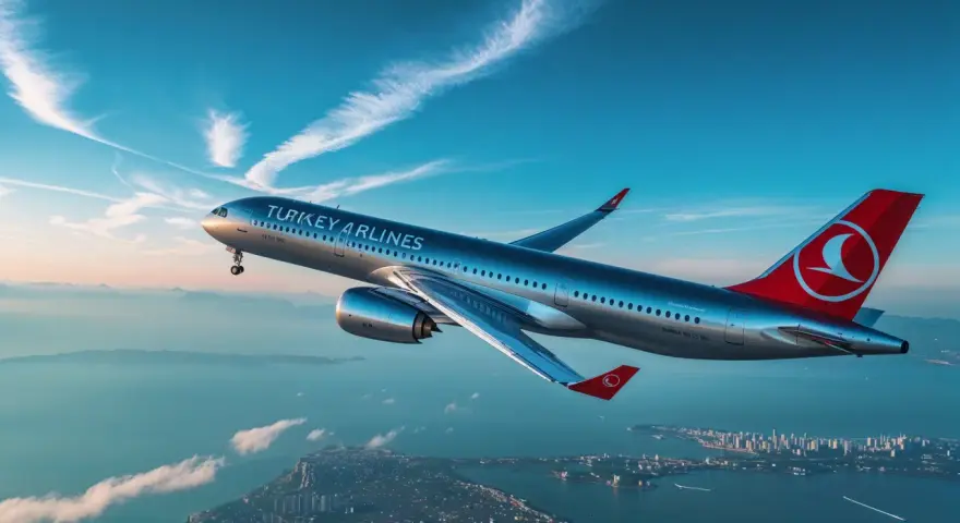Samolot Turkish Airlines leci nad miastem i morzem przy zachodzącym słońcu.