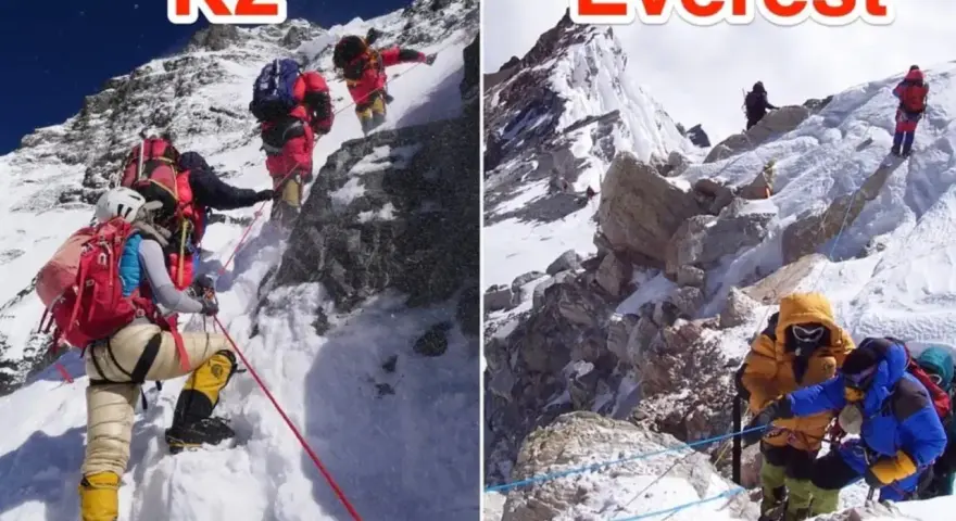 Bergsteiger am K2, wo die K2 Todesrate hoch ist, und am Everest. Extreme Bedingungen, steile Hänge, Seilsicherungen.